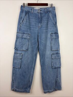 Denim Forum Jeans Women 29 x 28 The 90s Millie Hi Rise Cargo Light Blue Wide Leg